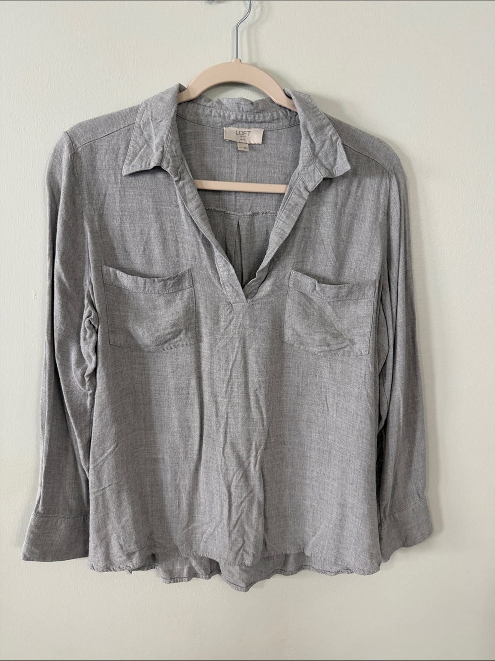 LOFT Light Gray Collared V-Neck Long Sleeve Top